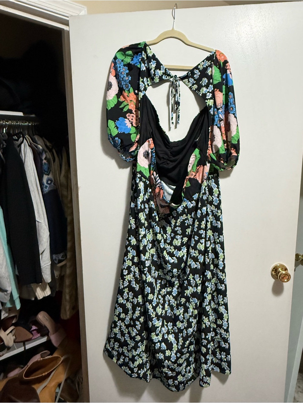 Floral Black Midi Dress with Blue & Green Blooms - Picture 6 of 6